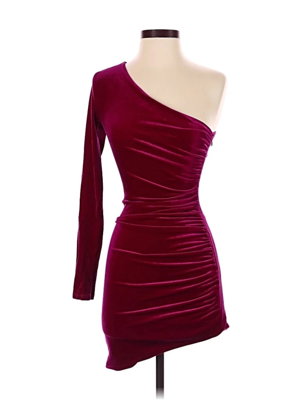 One-Shoulder Velvet Ruched Mini Dress - Wine